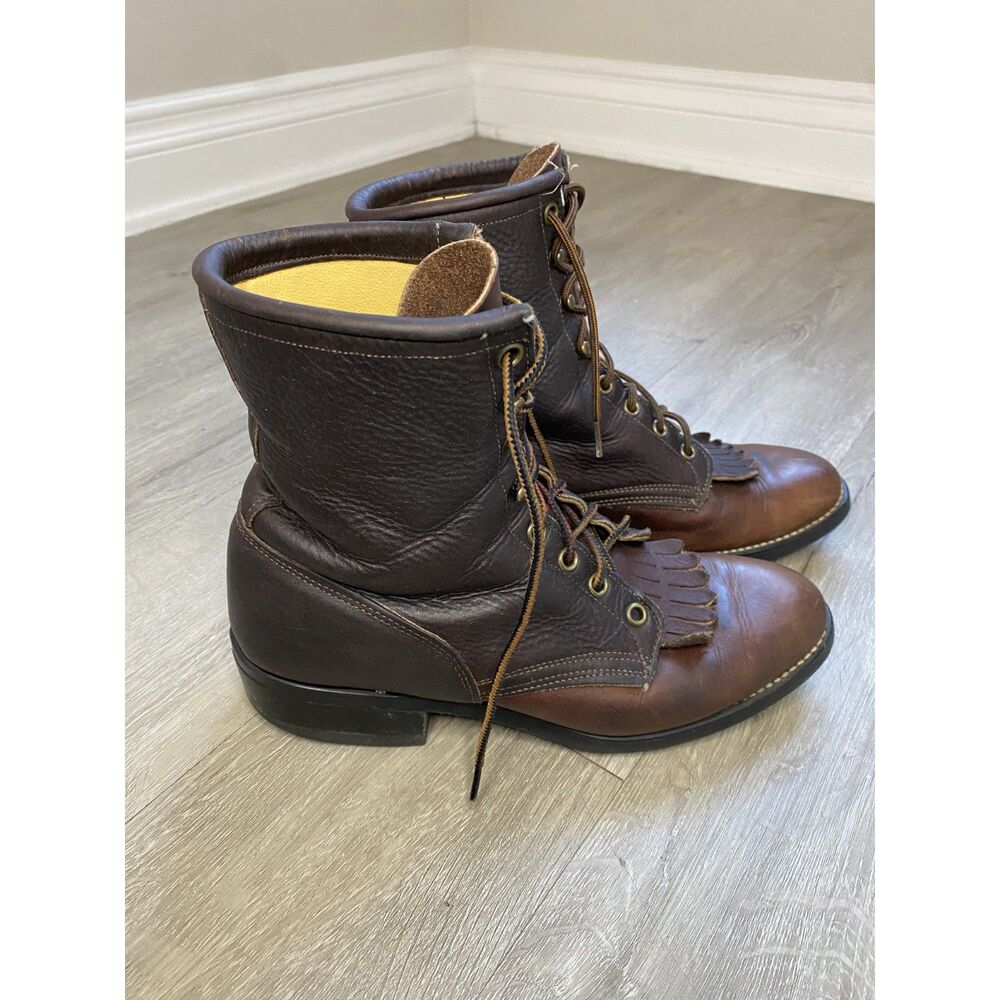 Vintage Laredo Kiltie Lace-Up Packer Western Boots Brown Leather Men's Size 8.5